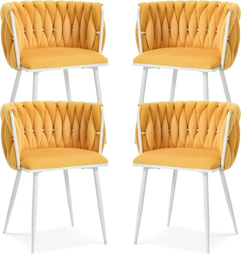 Vista 33 de Juego de 2 sillas de comedor de terciopelo, sillas laterales tapizadas tejidas con patas de metal negro, sillas decorativas modernas, sillas