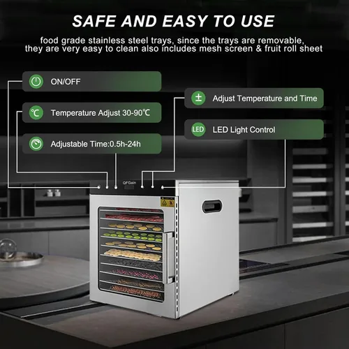 Vista 4 de Deshidratador de alimentos de 800 W, bandejas de acero inoxidable 10/12, secadora eléctrica para frutas, con ajuste digital de temperatura y 110 V