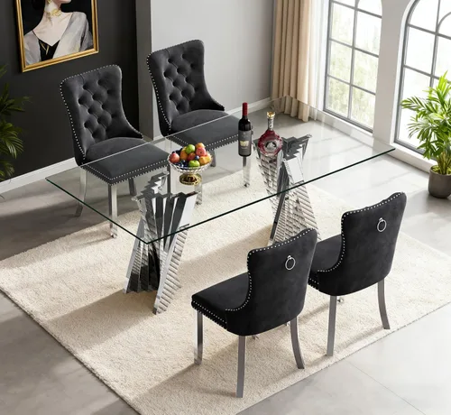 Vista 27 de Juego de mesa de comedor de cristal dorado de 5 piezas, 70 pulgadas, rectangular, moderna, para cocina y comedor, juego para 4, mesa de comedor