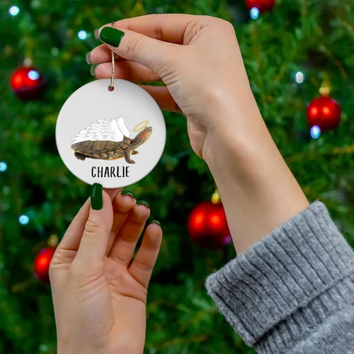 Vista 4 de Deslizador de orejas rojas alas de ángel de tortuga, adornos de Navidad personalizados conmemorativos 2026 círculo blanco cerámica dueño mascotas