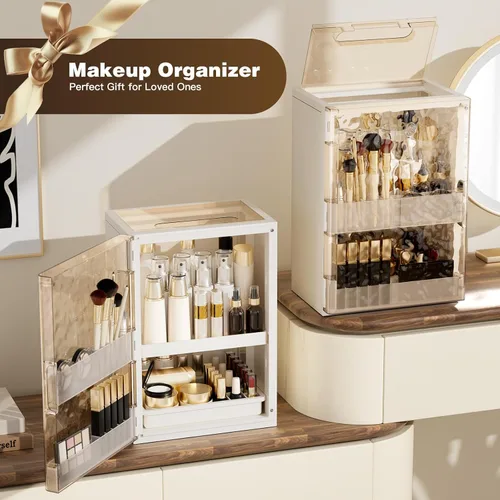 Vista 7 de Organizador de maquillaje con cajones, organizador de cuidado de la piel para tocador, vitrina grande de cosméticos con asa, organizadores