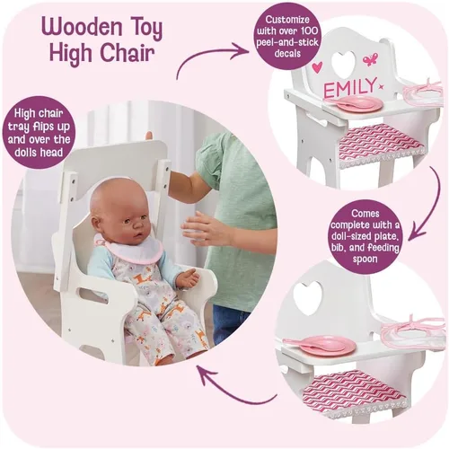 Vista 2 de Badger Basket Silla alta de muñeca de juguete con accesorios y kit de personalización para muñecas de 18 pulgadas - Blanco/Rosa/Chevron