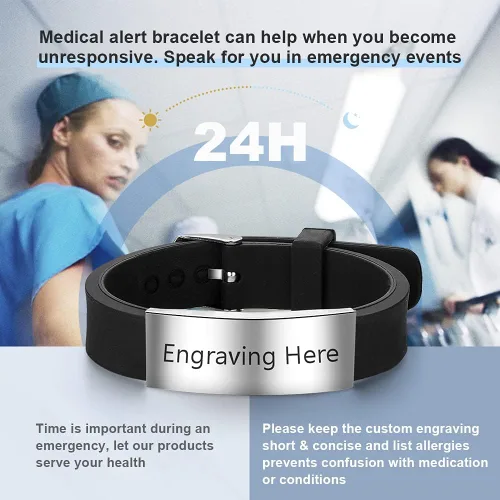 Vista 118 de OPALSTOCK Pulseras médicas personalizadas de silicona ajustable para identificación de emergencias, grabado gratuito, 9 pulgadas, resistente al