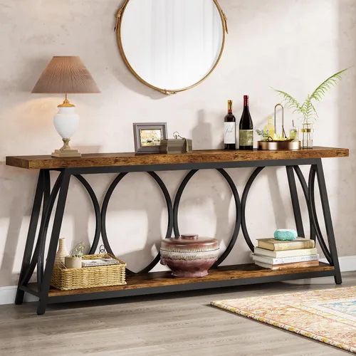 Vista 9 de Tribesigns Mesa consola extra larga de 70.9 pulgadas, mesa de sofá industrial detrás del sofá con estante de almacenamiento de 2 niveles, mesa