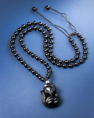 Vista 5 de Jewever Collar de obsidiana negra de zorro de la suerte, piedra natural, colgante de cristal curativo, amuleto de protección, joyería colgante
