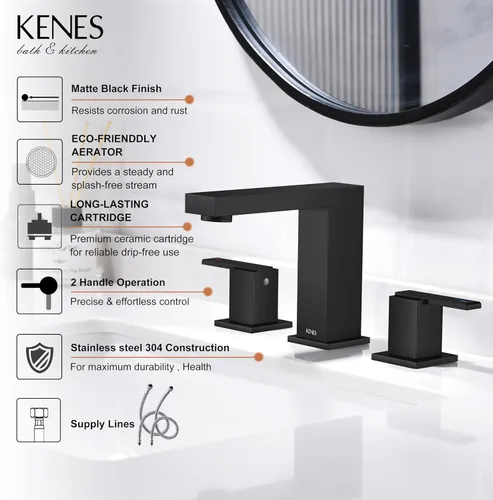 Vista 3 de KENES Grifo de Baño Extendido Negro Mate de Dos Manijas, Grifos de Lavabo de Baño Negro de 3 Orificios, 8 Pulgadas, Grifo de Tocador de Baño de 3