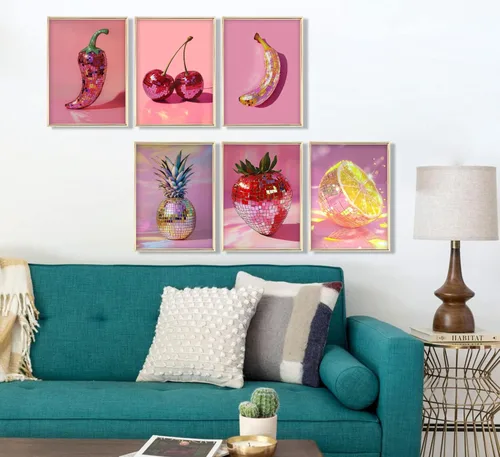 Vista 3 de 6 piezas de arte de pared de bola de discoteca rosa de moda, pintura de bolas de discoteca de frutas, decoración de pared, póster estético