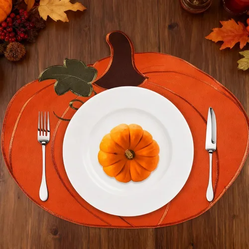 Vista 2 de LeLehome Juego de 4 manteles individuales de cosecha de otoño, 14 pulgadas, Día de Acción de Gracias, Halloween, otoño, calabaza, bordados, manteles