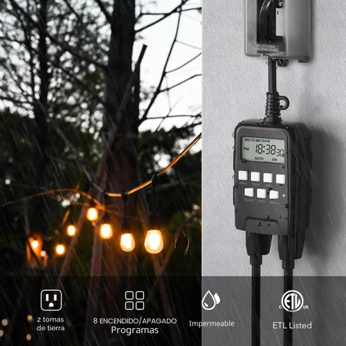 Vista 3 de BN-LINK Temporizador programable digital resistente para exteriores de 7 días BND/U78, 125VAC, 60Hz, doble salida, resistente a la intemperie