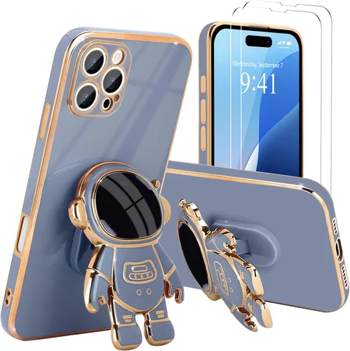 Vista 39 de Pepmune - Funda para iPhone 15 con soporte de astronauta 3D, color negro [2 Screen Protector], Luxury Electroplated Soft TPU Cover with Kickstand