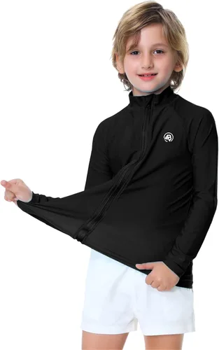 Vista 6 de AOBUTE Camiseta unisex con cremallera para niños, protección UV UPF 50+, con agujero para el pulgar, de 3 a 12 años