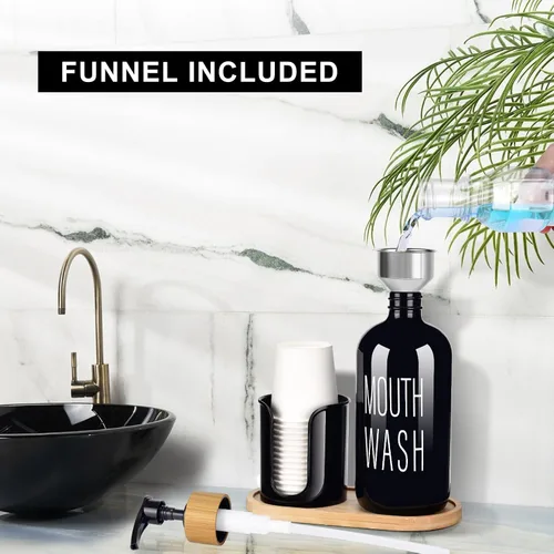 Vista 4 de Dispensador de enjuague bucal negro para baño, botella de vidrio con bomba de 16 onzas con soporte para tazas, 14 tazas de enjuague bucal, bandeja