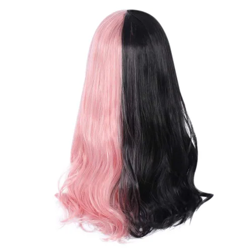 Vista 5 de Peluca larga de cosplay de 24 pulgadas, medio negro, medio rosa, con flequillo, ondulado, Harajuku, linda fiesta diaria, para mujeres y niñas