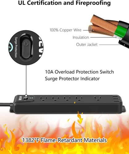 Vista 8 de Regleta protectora contra sobretensiones, 5 tomas ampliamente espaciadas, 3 puertos USB con cable de extensión resistente de 5 pies, enchufe plano