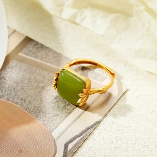 Vista 6 de Zaycca Anillos chinos de jade de bambú para mujer, anillo étnico de cobre chapado en oro ajustable con apertura, Esmalte, No