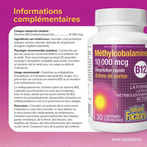 Vista 7 de Natural Factors Metilcobalamina 10,000 mcg - Suplemento de vitamina B12 en forma metabólicamente activa - Suplemento apoya la formación celular