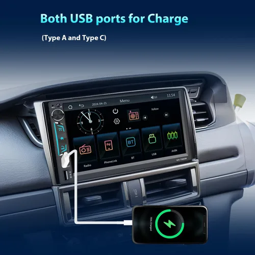 Vista 3 de Estéreo de coche doble DIN con pantalla táctil de 7 pulgadas, compatible con Apple CarPlay/Android Auto Bluetooth FM Radio USB Tipo-C Cámara