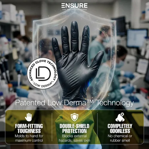 Vista 2 de Guantes de Nitrilo Negros Ensure Baja Dermatitis 7 Mil, Resistente, Resistentes a Perforaciones y Químicos, Desechables, Sin Látex, para Automotriz
