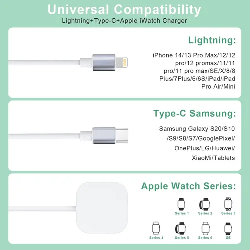 Vista 3 de Cable de carga universal retráctil 3 en 1 para teléfonos + cable de carga para Apple Watch, USB A a Lightning+tipo C+cargador iWatch para iWatch