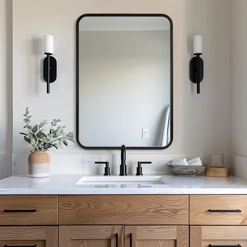 Vista 73 de Espejo de latón para baño, espejo rectangular redondeado de 22x30 pulgadas con marco de metal cepillado dorado, espejo de tocador de baño sin