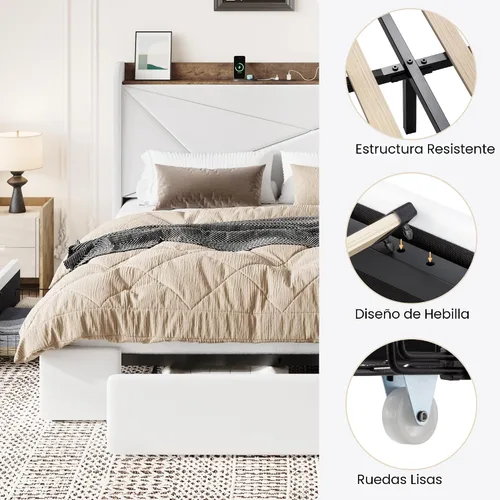Vista 9 de SHA CERLIN Base de cama Queen con 3 cajones, puertos de carga USB y Type-C, cama de plataforma tapizada de terciopelo con cabecera de almacenamiento
