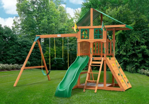 Vista 2 de Gorilla Playsets 01-1077 Avalon Treehouse - Juego de columpios de madera con techo de vinilo verde de gran tamaño, pared de escalada, escalera