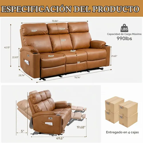 Vista 2 de Sofá reclinable eléctrico – Sofá reclinable de 3 plazas, sofá de piel sintética, asiento de cine en casa con respaldo medio abatible, sofá