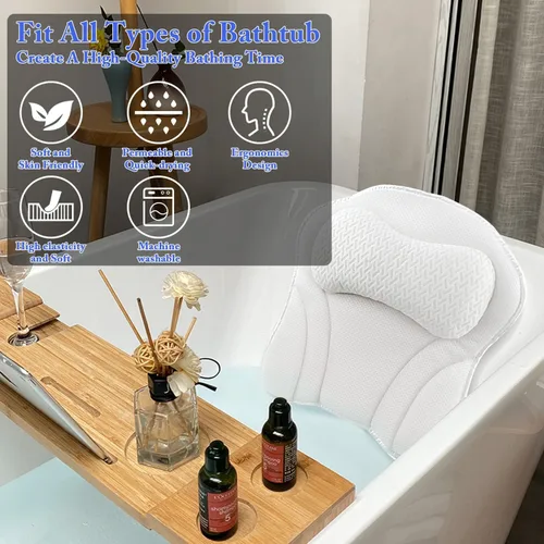 Vista 5 de Almohada de baño para bañera cómoda almohada de baño, almohadas de baño ergonómicas para soporte de cuello y espalda con 6 ventosas, diseño de malla