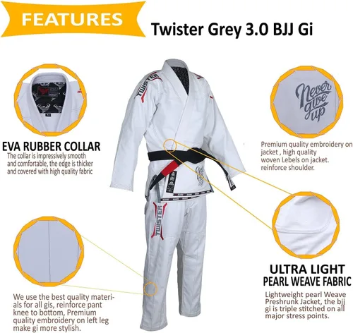 Vista 3 de Twister Gris 3.0 Brasileño Jiu Jitsu Gi Preshrunk Pearl Weave 16.76 oz 100% Algodón