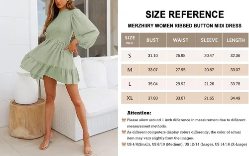 Vista 7 de Merzhiiry Vestido corto de verano con cuello cuadrado y manga abombada fruncida para mujer con volantes con vuelo acampanado estilo casual