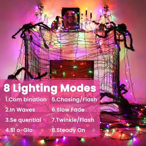 Vista 3 de Luces de Halloween - Tira de luces naranjas, verdes y moradas con 8 modos, guirnalda resistente al agua de 82 pies con 200 luces LED para decoración