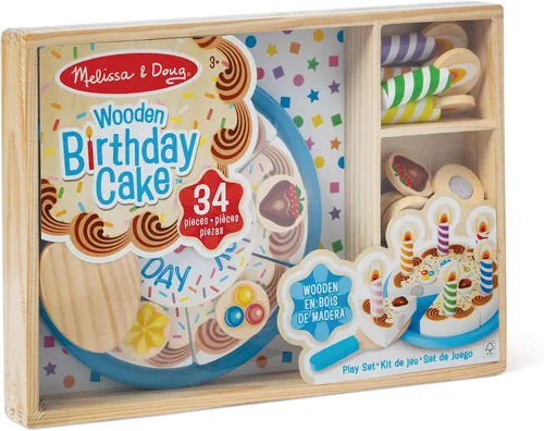Vista 9 de Melissa & Doug, pastel de fiesta de cumpleaños, juego con alimentos, mezclar y combinar, decoraciones para pastel y 7 velas