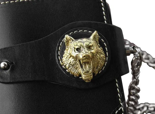 Vista 3 de Cartera larga de cuero gótico de lobo para hombre con tarjetero de cadena, Negro