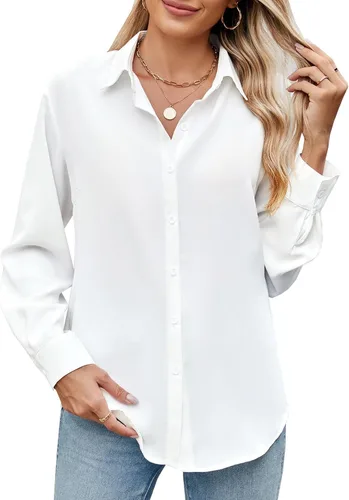 Vista 10 de Camisa de manga larga con botones para mujer, ultra suave, elástica, sin arrugas, para trabajo, casual, negocios, oficina