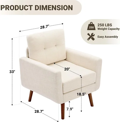 Vista 2 de Linen Fabric Single Sofa, Accent Chair, Mid Century Modern Armchair for Living Room, Bedroom Button Tufted Upholstered Comfy Reading Sofas, Beige