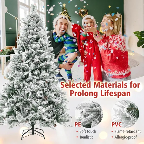 Vista 6 de HAPPYGRILL - Árbol de Navidad artificial preiluminado de 2.1 m, árbol de Navidad con nieve flocada y 320 luces LED multicolor, 8 modos de Snow Pe