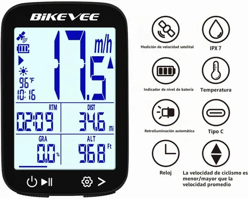 Vista 8 de GPS Bike Computer, 2.4" Screen, Altitude, Gradient, IPX7, 28H Negro-a