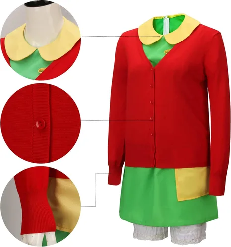 Vista 4 de Women Costume Green Dress Red Knit Cardigan Shorts Glasses Full Set Halloween Cosplay Outfit