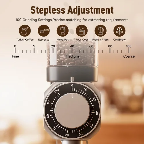 Vista 2 de 64mm Stainless Steel Flat Burr Coffee Grinder, 100 Settings, Anti-Static Black