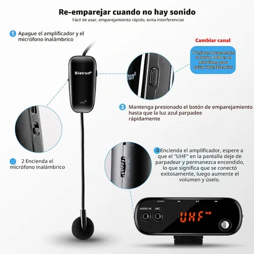 Vista 4 de Bietrun Amplificador de voz para profesores con Bluetooth, amplificador de voz inalámbrico recargable portátil con micrófono para auriculares