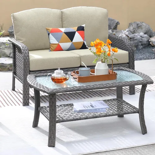 Vista 14 de ovios - Juego de muebles de patio de 2 piezas, sofá de mimbre para exteriores con sillas, silla de ratán con respaldo alto con cómodos cojines
