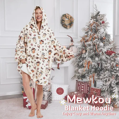 Vista 4 de Mewkou Manta con capucha para adultos, manta de forro polar Sherpa de gran tamaño con capucha para mujeres y hombres, café