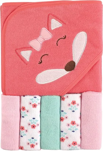 Vista 23 de Luvable Friends Toalla unisex con capucha para bebé con cinco paños, zorro para niños, talla única