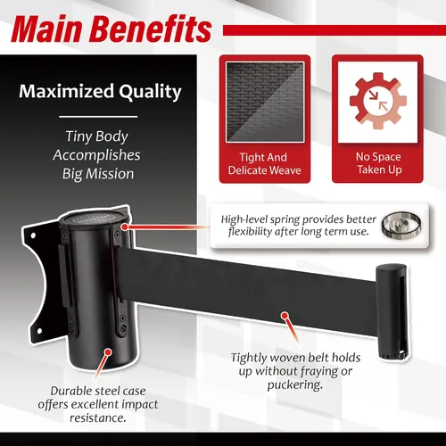 Vista 3 de DuraSteel Barrera retráctil para cinturón de control de multitudes de montaje en pared, cinturón de barrera retráctil negro de 9.2 pies, barreras