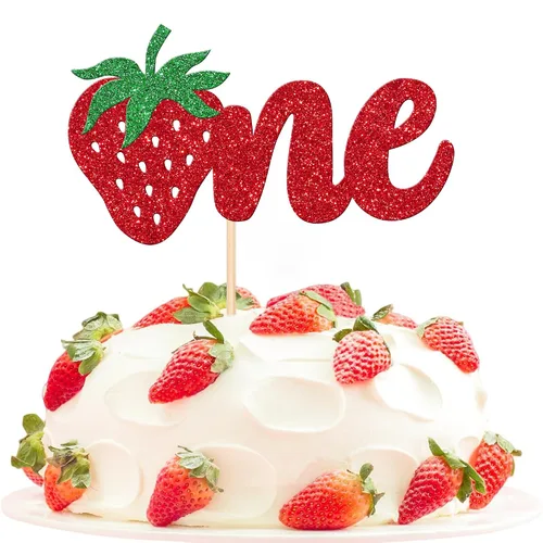 Vista 16 de 24 piezas de adornos para cupcakes de fresa, purpurina roja, temas de frutas, bayas y fresas, para verano, dulces, baby shower, fiesta