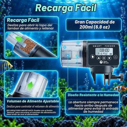 Vista 4 de AquaMiracle Alimentador Automático Programable para Peces en Acuario, Dispensador Automático de Comida para Peces con Temporizador, Alimentador