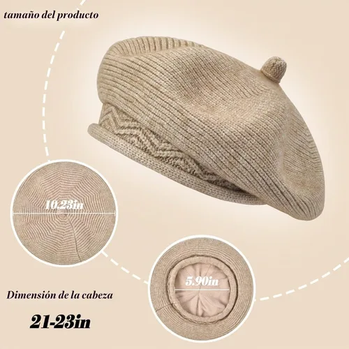 Vista 3 de Sombrero boina para mujer, estilo francés, forro de lana cálido, boina de invierno, moda, gorro tejido de punto Beige