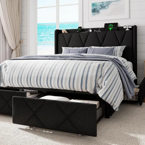 Vista 16 de GalnFu Base de cama de tamaño matrimonial con 4 cajones de almacenamiento, plataforma tapizada con estación de carga, moderna cabecera de Beige