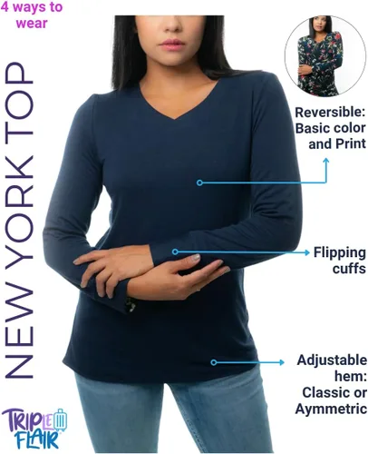 Vista 2 de Triple Flair Top convertible 4 en 1 – Camisa reversible de manga larga para mujer con diseño sólido/estampado – Equipo esencial de viaje