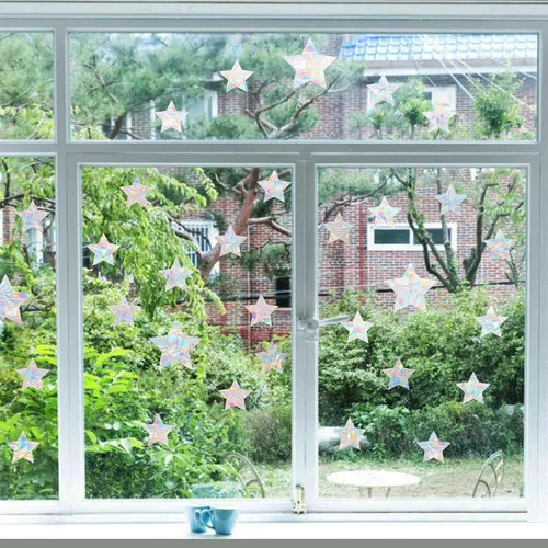 Vista 3 de 36 calcomanías de estrella para ventana para prevención de golpes de pájaros, reutilizable, diseño de arco iris que se adhiere para salvar pájaros